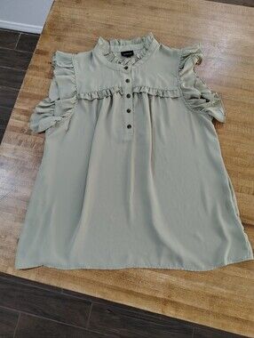 WHO WHAT WEAR Flutter Ruffled Sleeveless Blouse Sage Green XXL